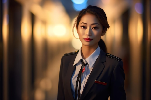 a woman in a flight attendant uniforma portrait of a woman in an airline uniform