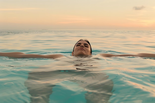 Photo woman floating in a body of water lying on their back in the water