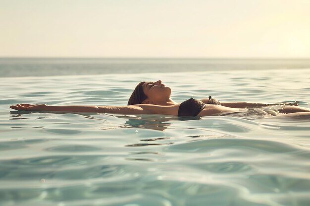 Photo woman floating in a body of water lying on their back in the water