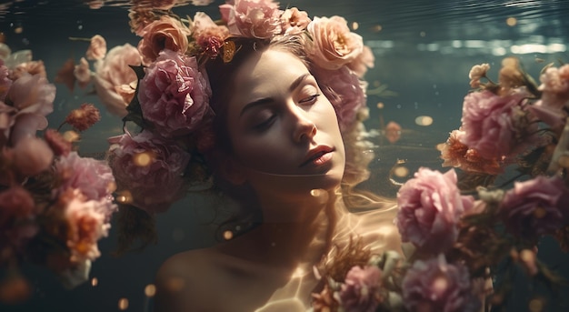 A woman floating in water with flowers generative AI