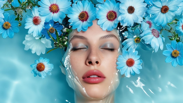 Woman floats in a pool of water surrounded by blue flowers and red roses eyes closed beauty face cosmetic