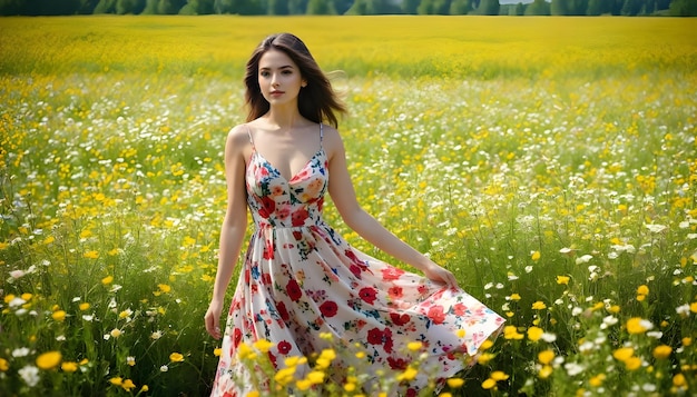 a woman in a floral dress in a field of flowers