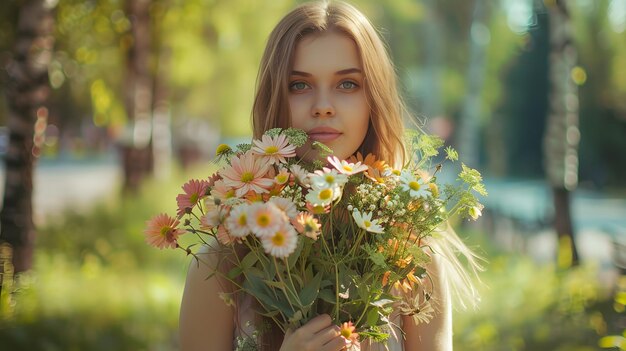 a woman in a floral dress holds a bouquet of flowers