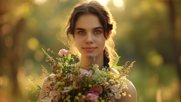 a woman in a floral dress holds a bouquet of flowers