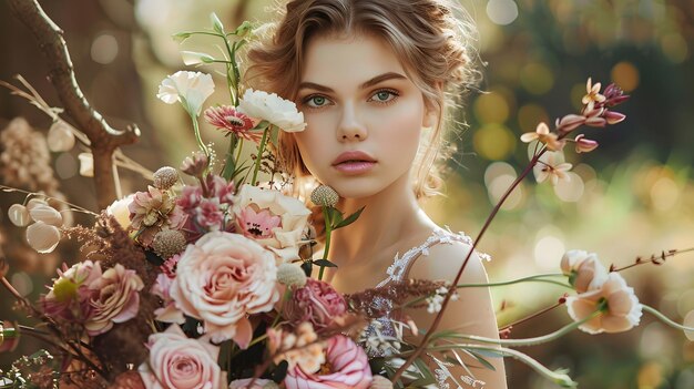 a woman in a floral dress holds a bouquet of flowers