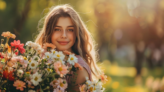 a woman in a floral dress holds a bouquet of flowers