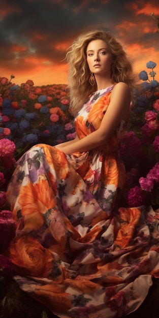 A woman in a floral dress sits in a field of flowers.