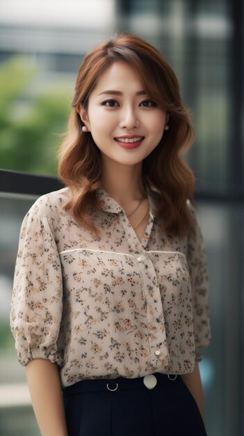 A woman in a floral dress smiles at the camera.