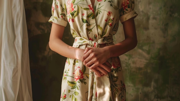 A woman in a floral dress stands by a textured wall her hands gently clasped together capturing a serene and vintage atmosphere