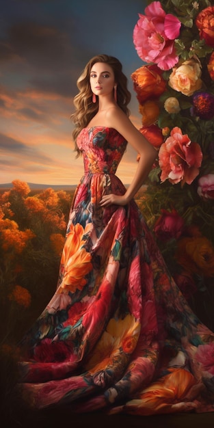 A woman in a floral dress stands in front of a sunset.