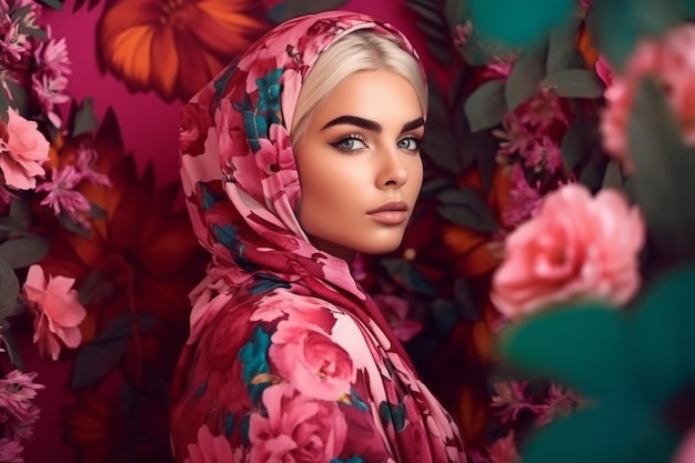 A woman in a floral scarf stands in front of a floral background.