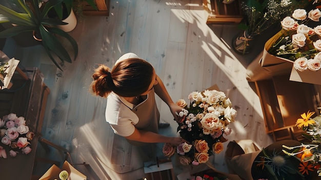 woman florist in beige apron is working in flower shop Floral design studio making Generative AI