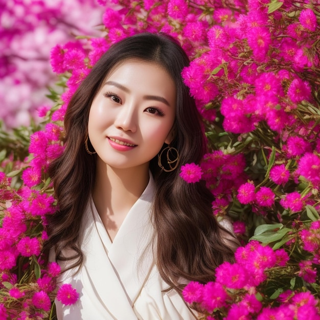 A woman in a flower bed with a pink flower in the background