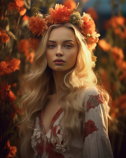 A woman in a flower crown stands in a field of flowers.