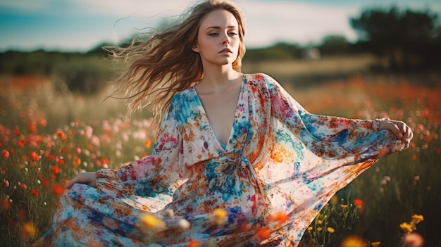 A woman in a flower field