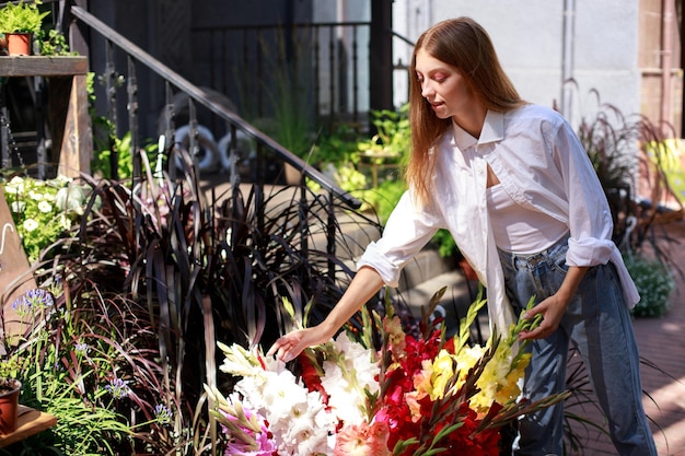 Woman at flower market on weekend