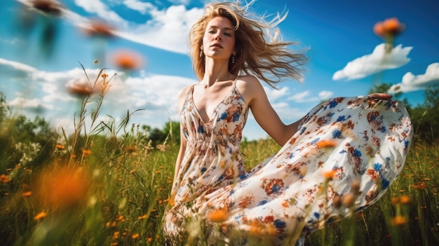 A woman in a flowery dress is dancing in a field