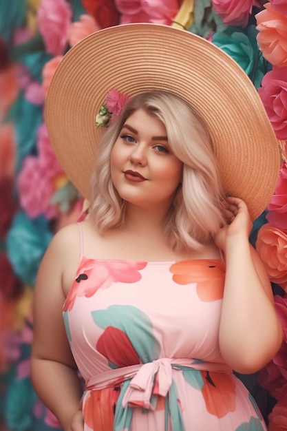 A woman in a flowery dress stands in front of a colorful wall with a pink flower.