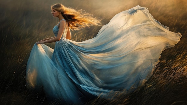 A woman in a flowing blue dress dances gracefully in a sunlit field