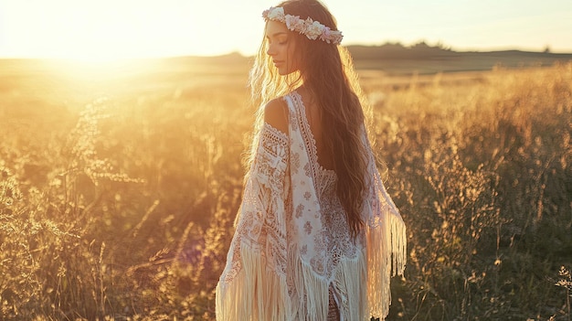 A woman in a flowing bohemian outfit enjoying the warm sunset in a tranquil field embodying natures serenity with grace