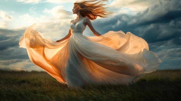 A woman in a flowing dress dances in a field under a dramatic sky