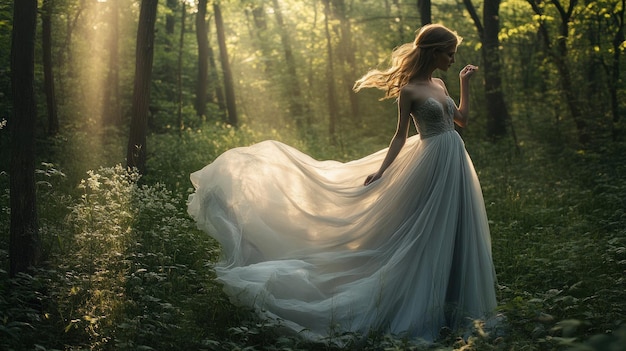 A woman in a flowing dress dances gracefully in a sunlit forest