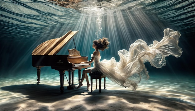 Photo woman in flowing dress playing a grand piano underwater with sunlight beams