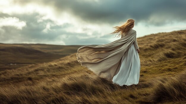 A woman in a flowing dress stands on a hillside with dramatic clouds in the background