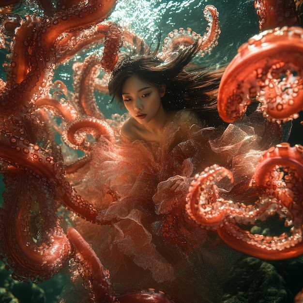 Photo a woman in a flowing dress surrounded by red octopuses