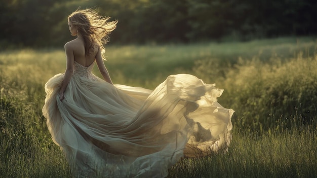 A woman in a flowing dress twirls in a sunlit field capturing a moment of grace and beauty