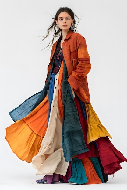 Woman in Flowing Multicolored Dress and Jacket