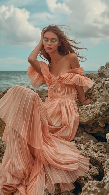 Photo a woman in a flowing peach pink dress poses on a rocky shore the ocean waves in the background and the sky above