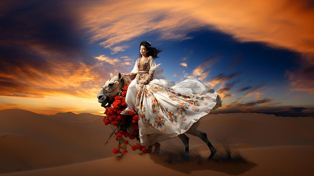 A woman in a flowing white dress rides a camel through a desert landscape under a colorful sunset sky