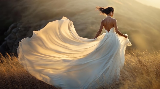 A woman in a flowing white dress stands in a sunlit field creating a serene and ethereal scene