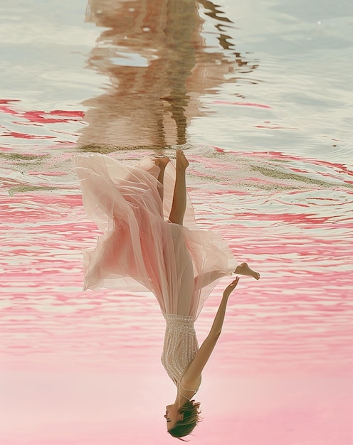 Photo a woman in a flowing white dress walks on water pink sky reflection