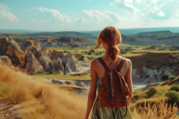 Woman in a flowy dress with a backpack looking at a beautiful landscape