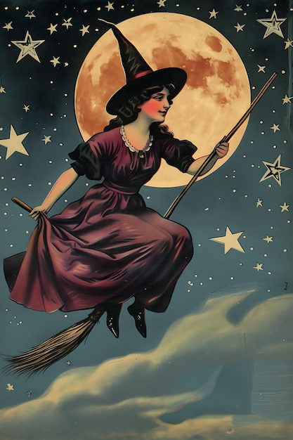 a woman flying a broom with a broom on her head