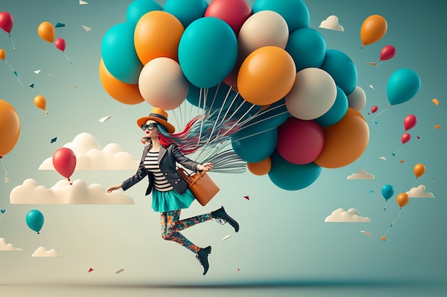 A woman flying with a bunch of balloons in the sky