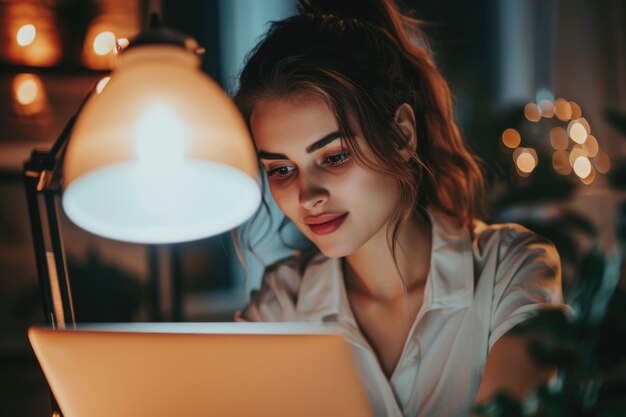 A woman focused on her laptop screen working or browsing online