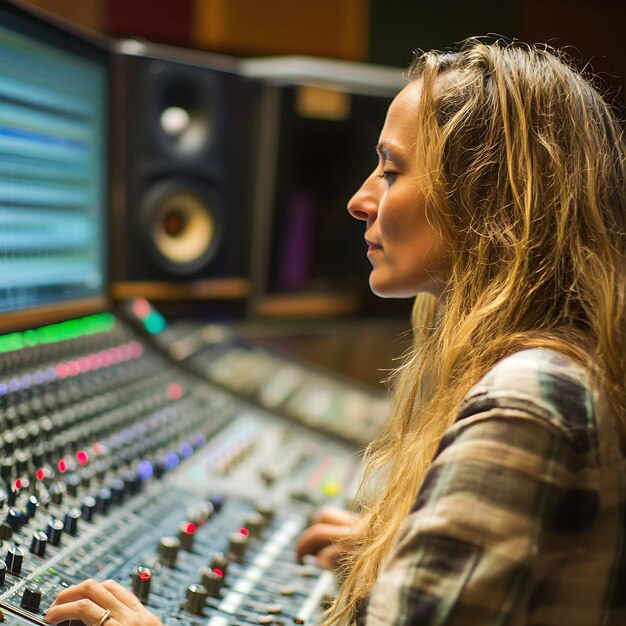 Photo woman focused on mixing audio in a professional recording studio