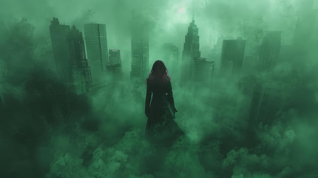 woman in a foggy city