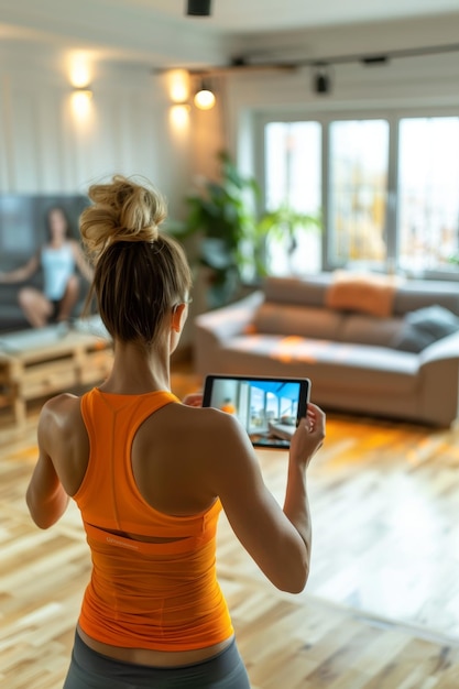 Photo woman following online dance workout class on tablet in bright modern living room for fitness enthusiasts