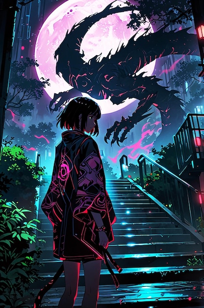 A woman on a forest path gazes at a majestic dragon among the trees