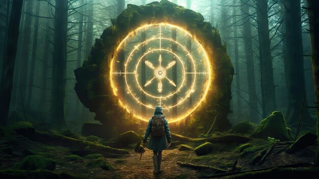 Woman in forest walking towards mysterious object other world portal gate forest cinematic still