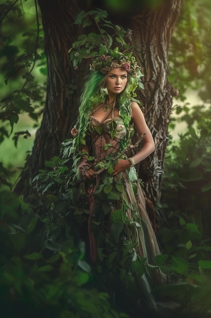 Photo a woman in a forest with a green tree in the background