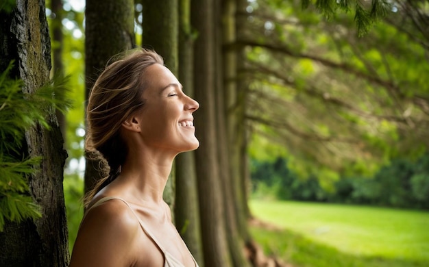 a woman in a forest with trees in the background