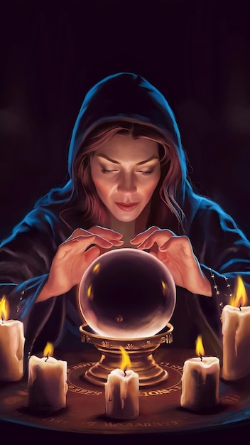 Woman fortune teller guesses fate of night at table with candles