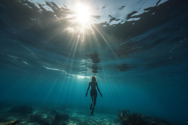 Woman free diver ascending from the depth in a tropical clear sea