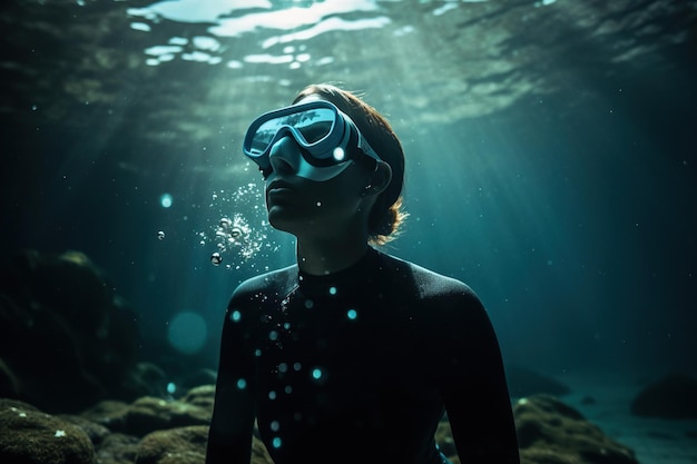 Woman freediver is seen training underwater swimming effortlessly through the depths while holding her breath Generative AI