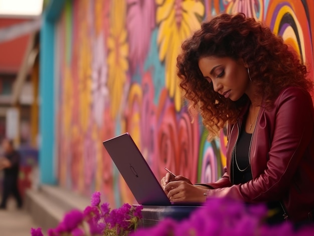 Woman from Colombia working on a laptop in a vibrant urban setting